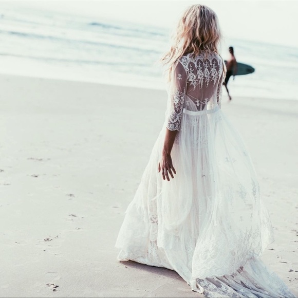 New Vintage Lingerie Look Mesh Lace Embroidered Maxi Kimono Duster Robe - Picture 4 of 11